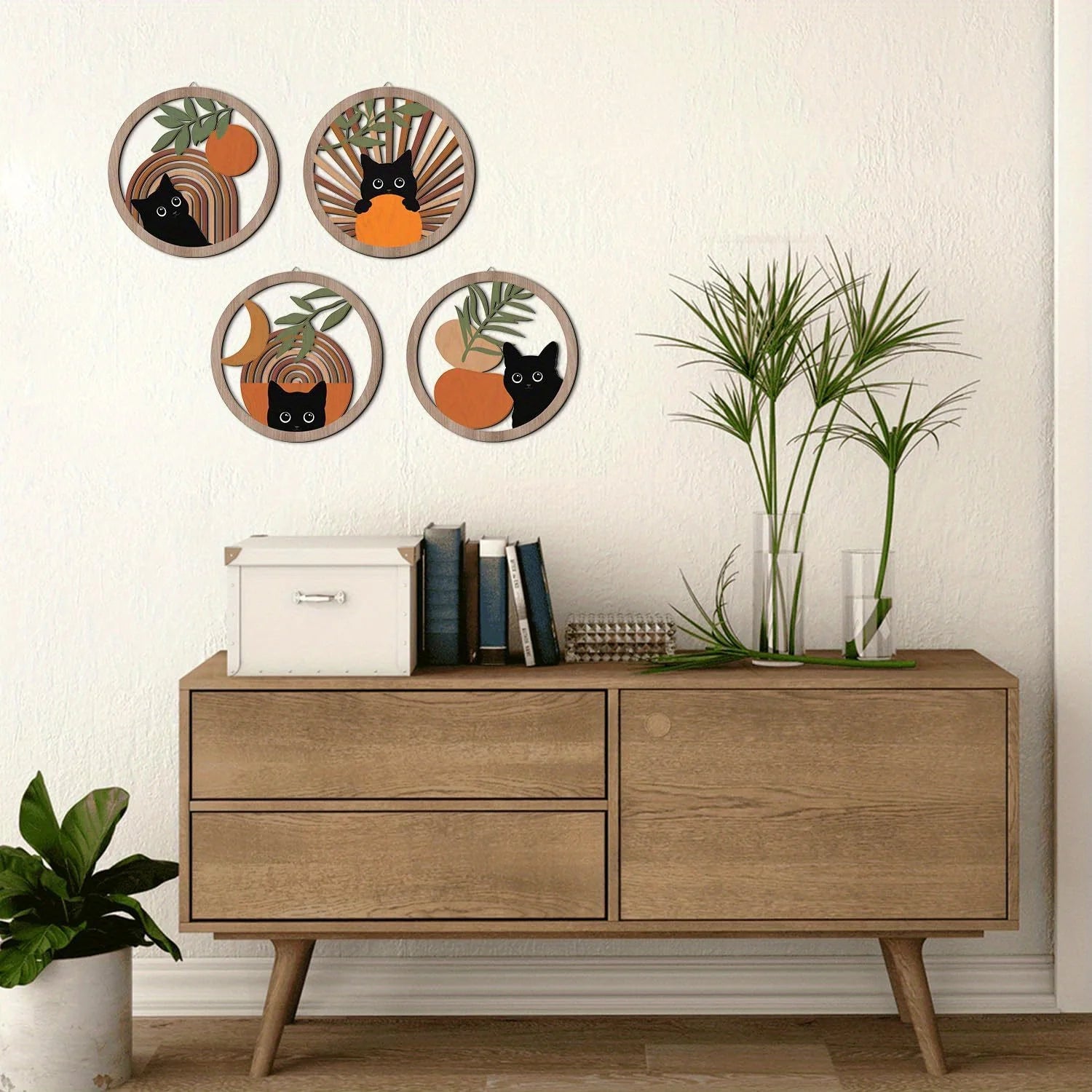 Noir Whiskers – Boho Black Cat Wooden Wall Art Set (4pcs)