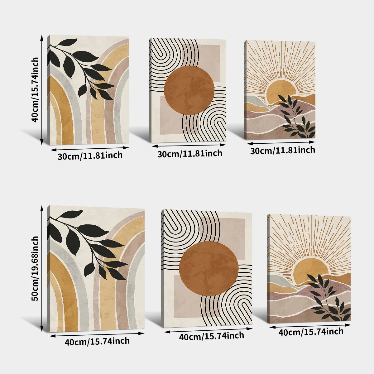 Solar Geometry – Framed Orange Sun & Plant Abstract Canvas Set