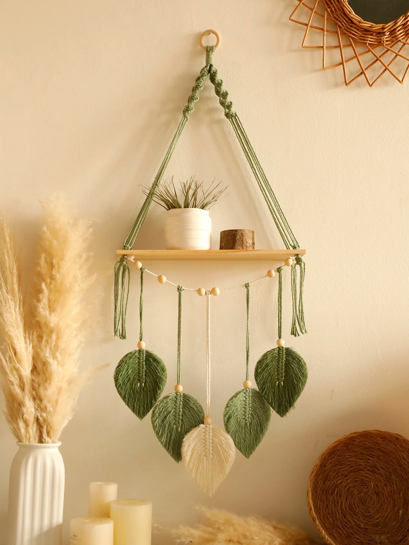 Boho Leaf Macrame Floating Shelf – Handwoven Cotton & Pine Wood Wall Display