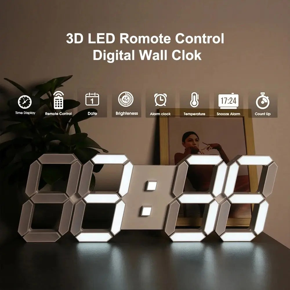 Modern 3D LED Wall Clock – Digital Display with Date, Temperature, Alarm & USB Power