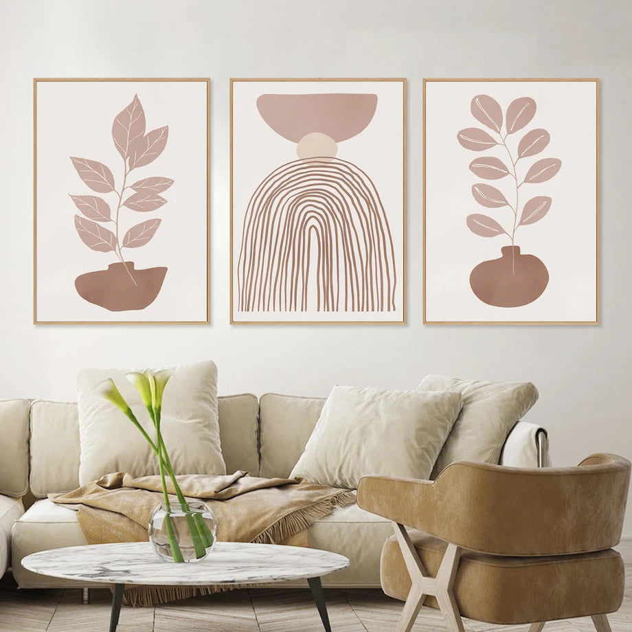 Boho Essence – Abstract Lines & Leaves Canvas Art