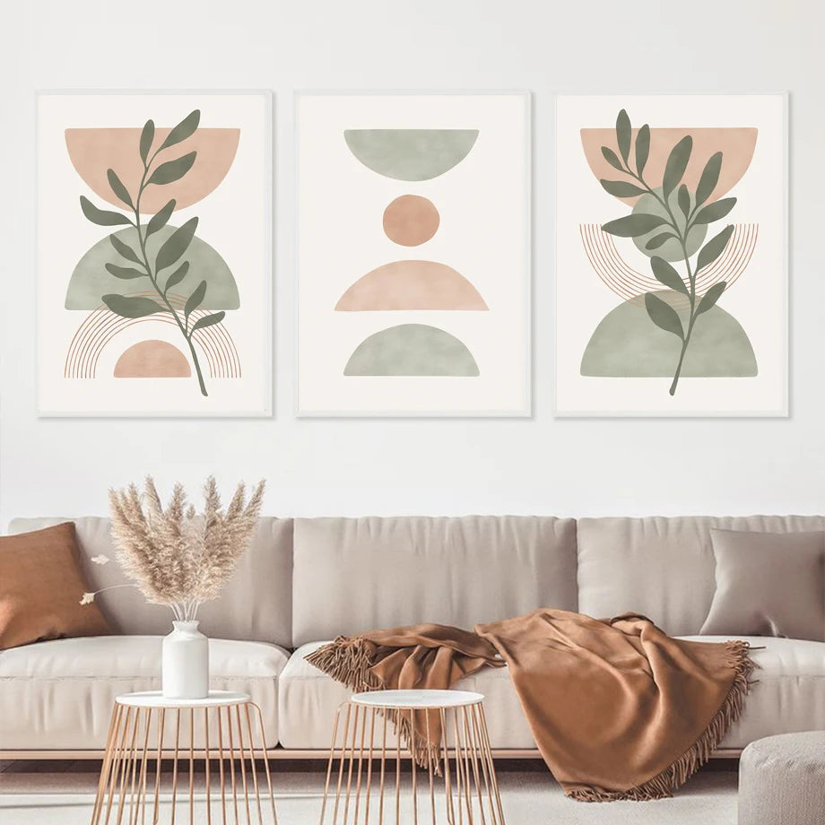 Boho Harmony – Green Leaf & Rainbow Geometry Canvas Wall Art”