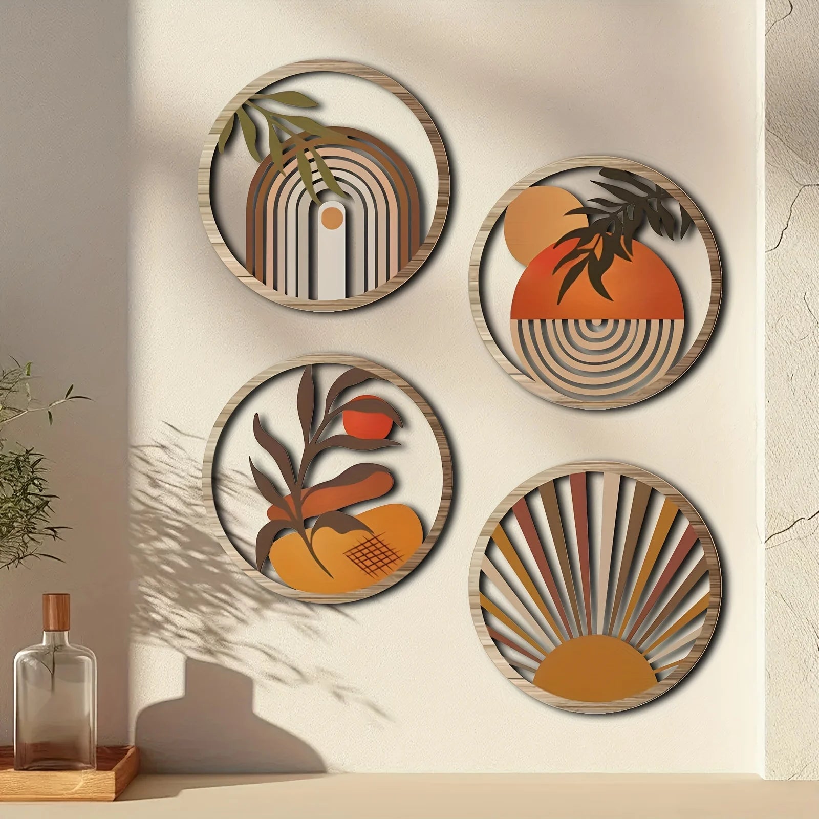 Boho Harmony – 4-Piece Wooden Wall Sculpture Set