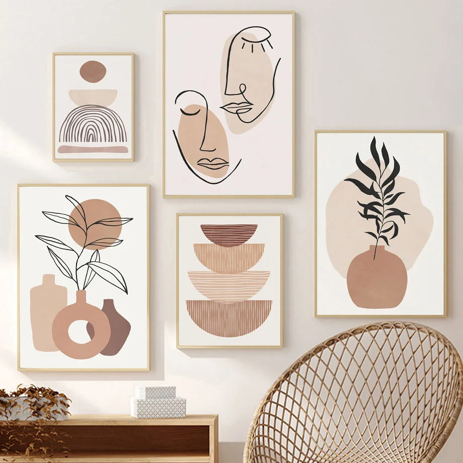 Boho Essence – Abstract Lines & Leaves Canvas Art
