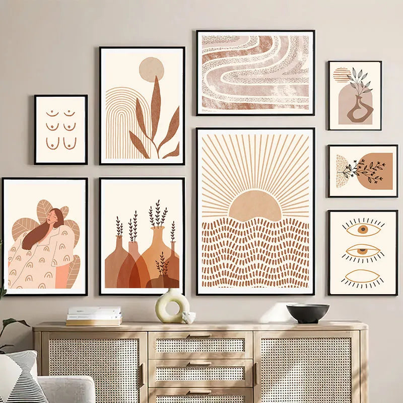 Boho Radiance – Sun, Girl & Geometry Nordic Canvas Art