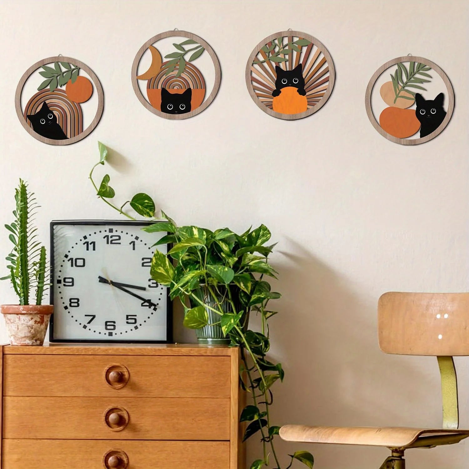 Noir Whiskers – Boho Black Cat Wooden Wall Art Set (4pcs)