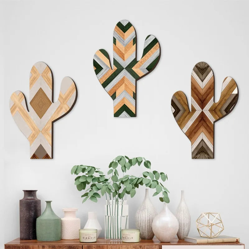 Wooden Cactus Wall Decor Set – Boho Hanging