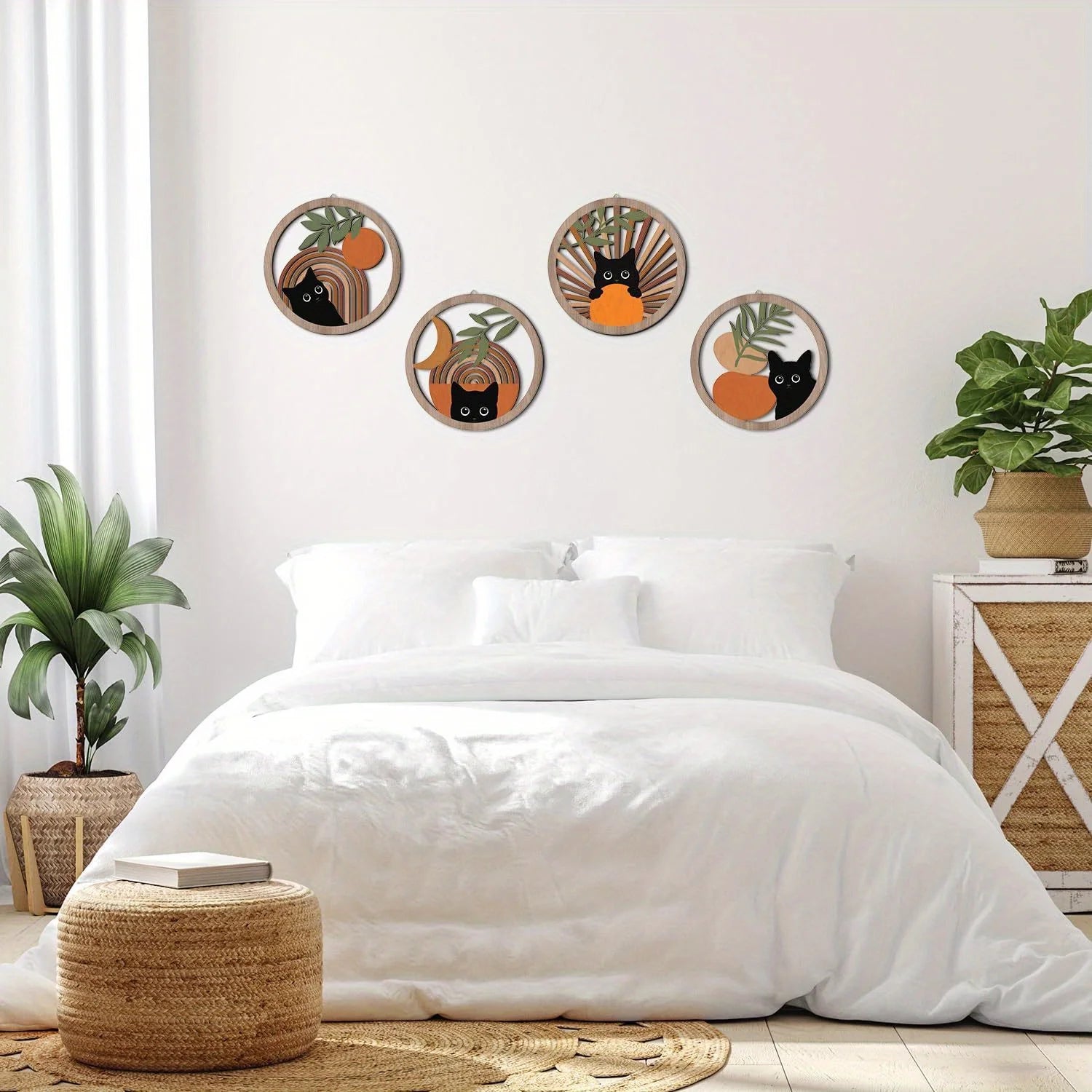 Noir Whiskers – Boho Black Cat Wooden Wall Art Set (4pcs)
