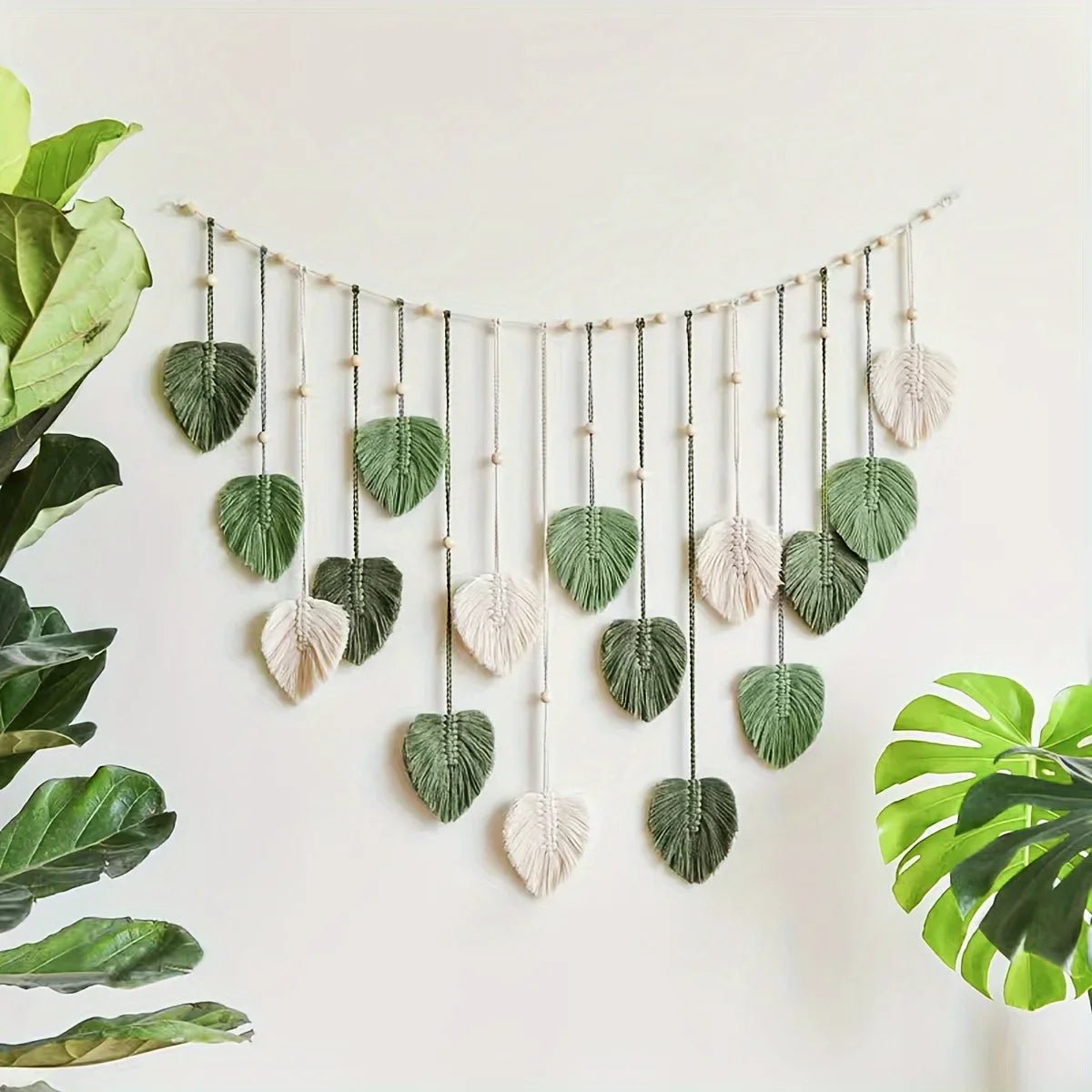 Bohemian Woven Wall Hanging – Green Leaves & Feather Tapestry for Modern Interiors