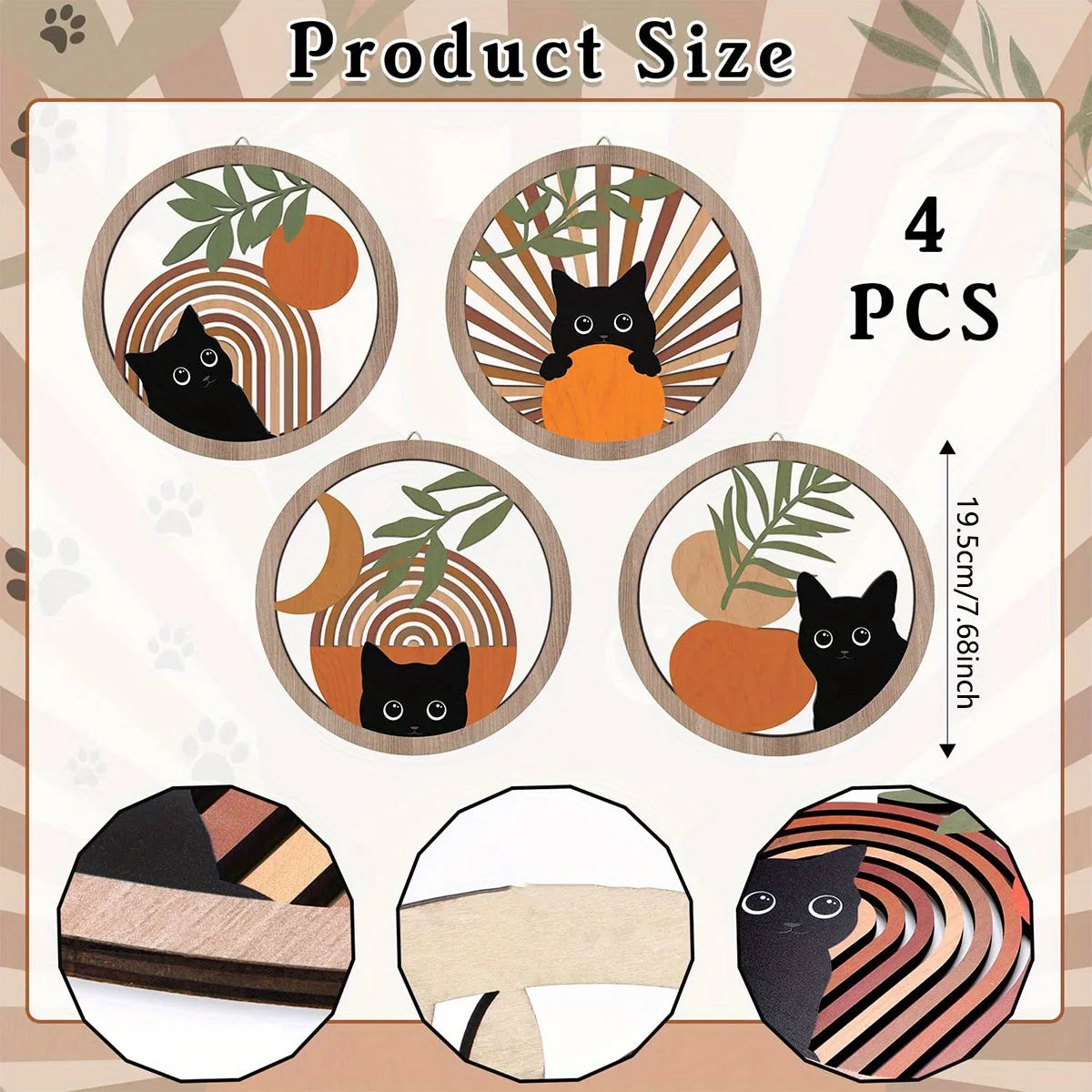 Noir Whiskers – Boho Black Cat Wooden Wall Art Set (4pcs)