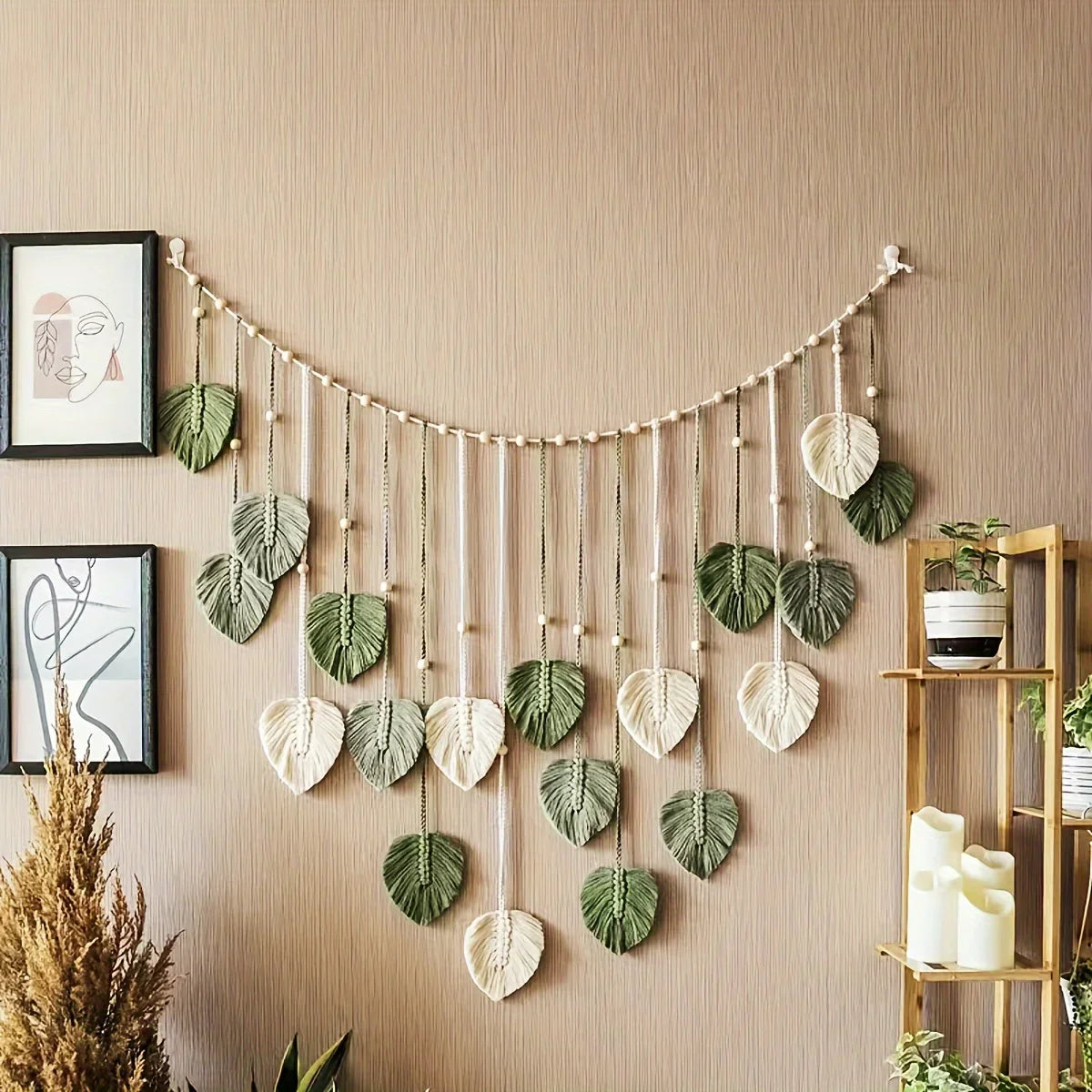 Bohemian Woven Wall Hanging – Green Leaves & Feather Tapestry for Modern Interiors