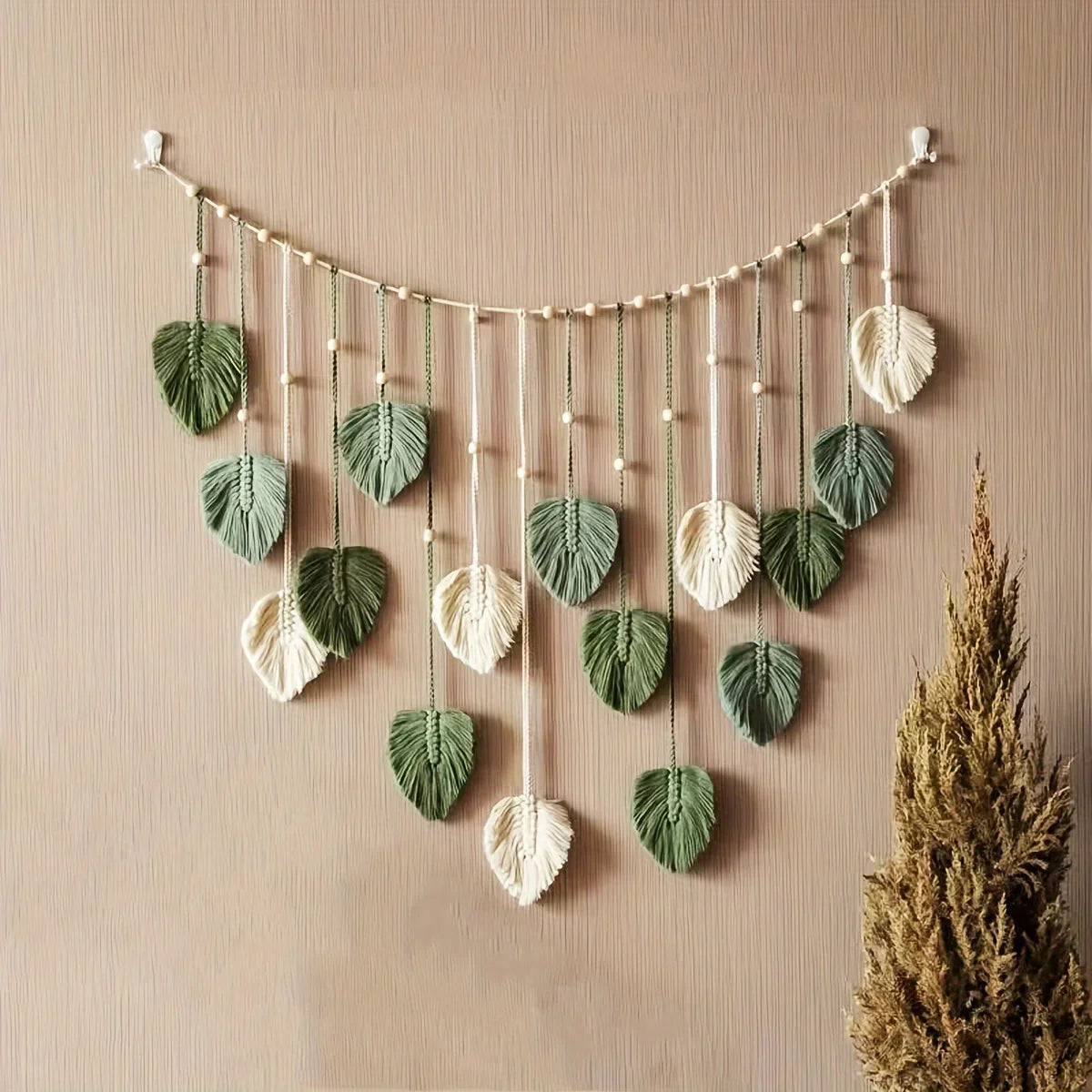 Bohemian Woven Wall Hanging – Green Leaves & Feather Tapestry for Modern Interiors