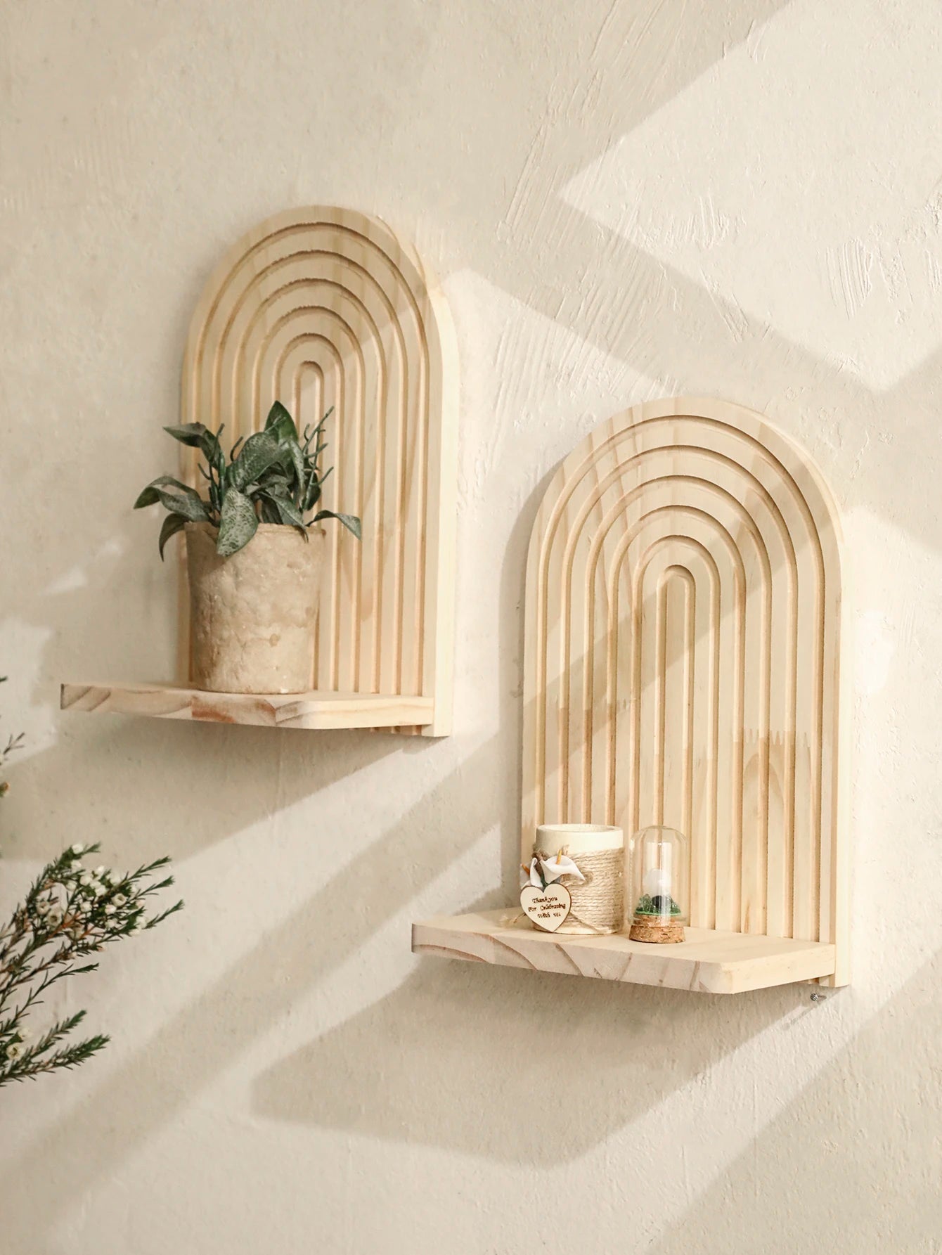 Boho Arch Wooden Floating Wall Shelf – Wall-Mounted Display Rack