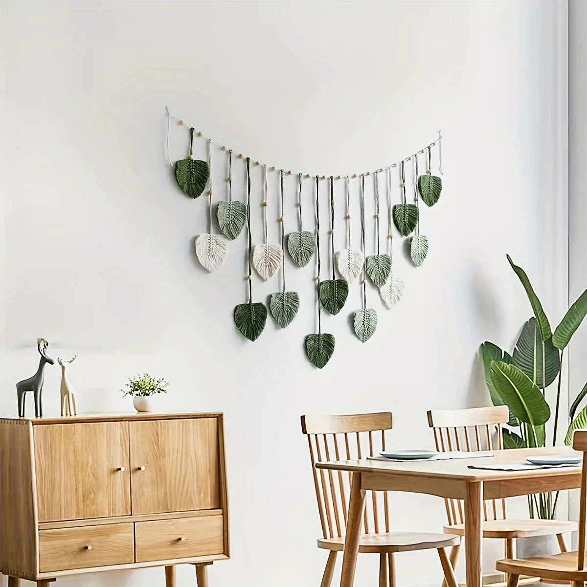 Bohemian Woven Wall Hanging – Green Leaves & Feather Tapestry for Modern Interiors