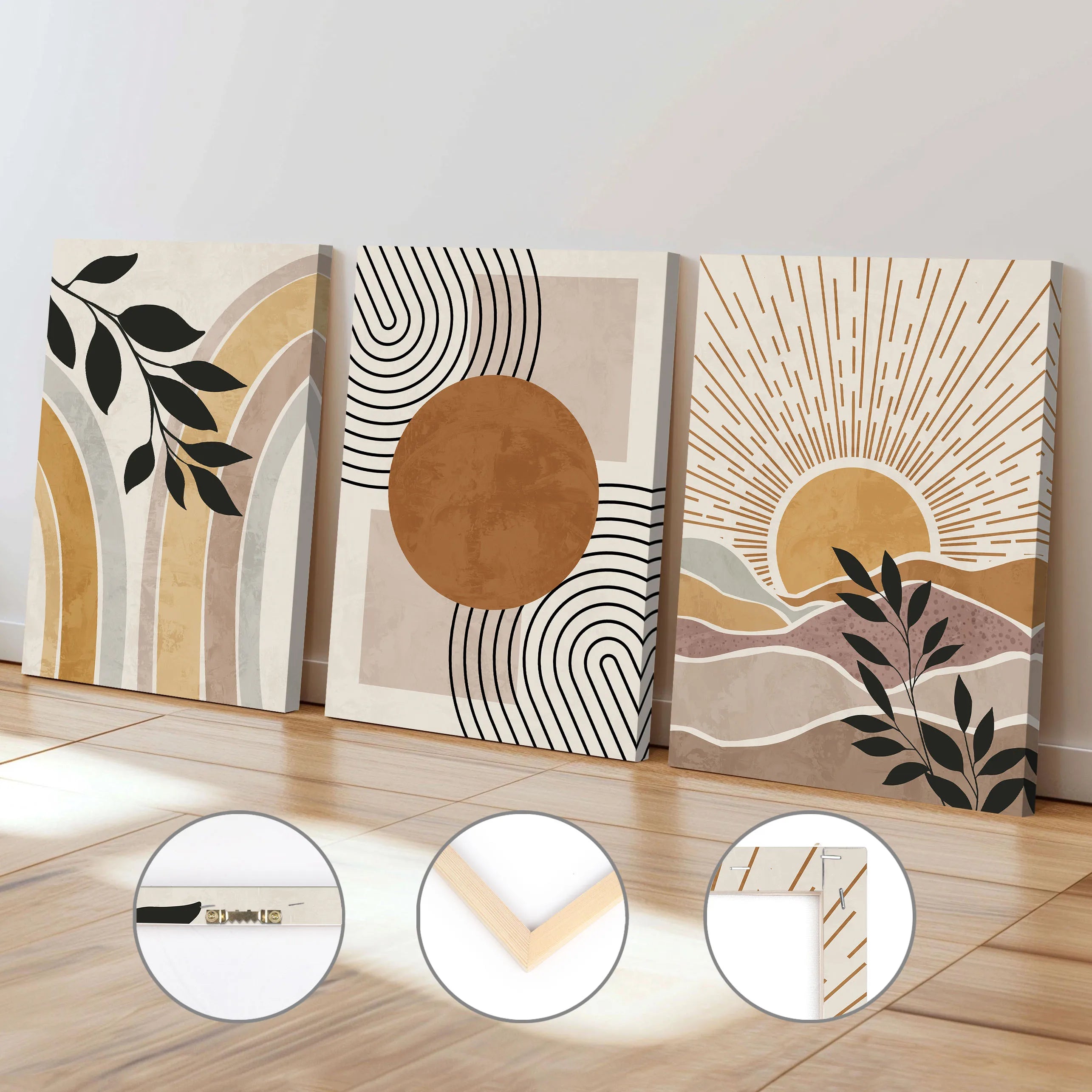Solar Geometry – Framed Orange Sun & Plant Abstract Canvas Set