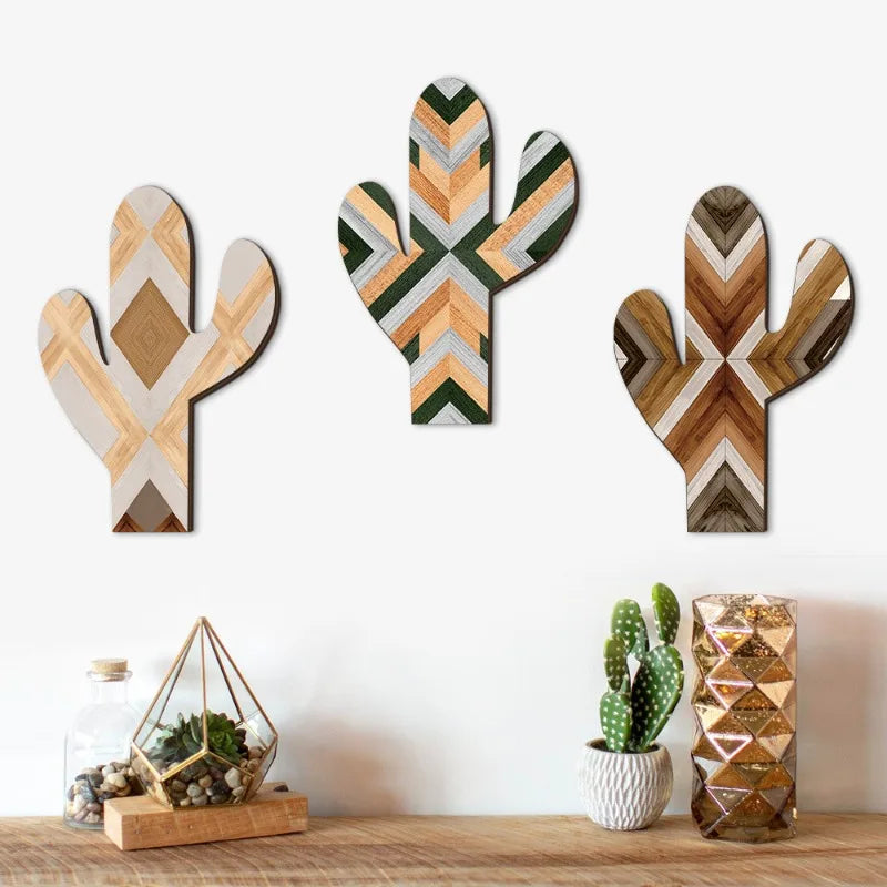 Wooden Cactus Wall Decor Set – Boho Hanging