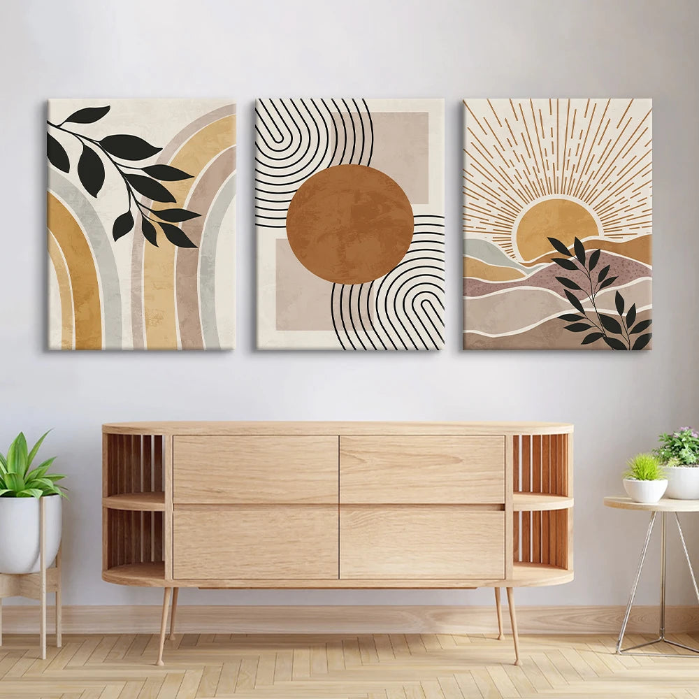 Solar Geometry – Framed Orange Sun & Plant Abstract Canvas Set