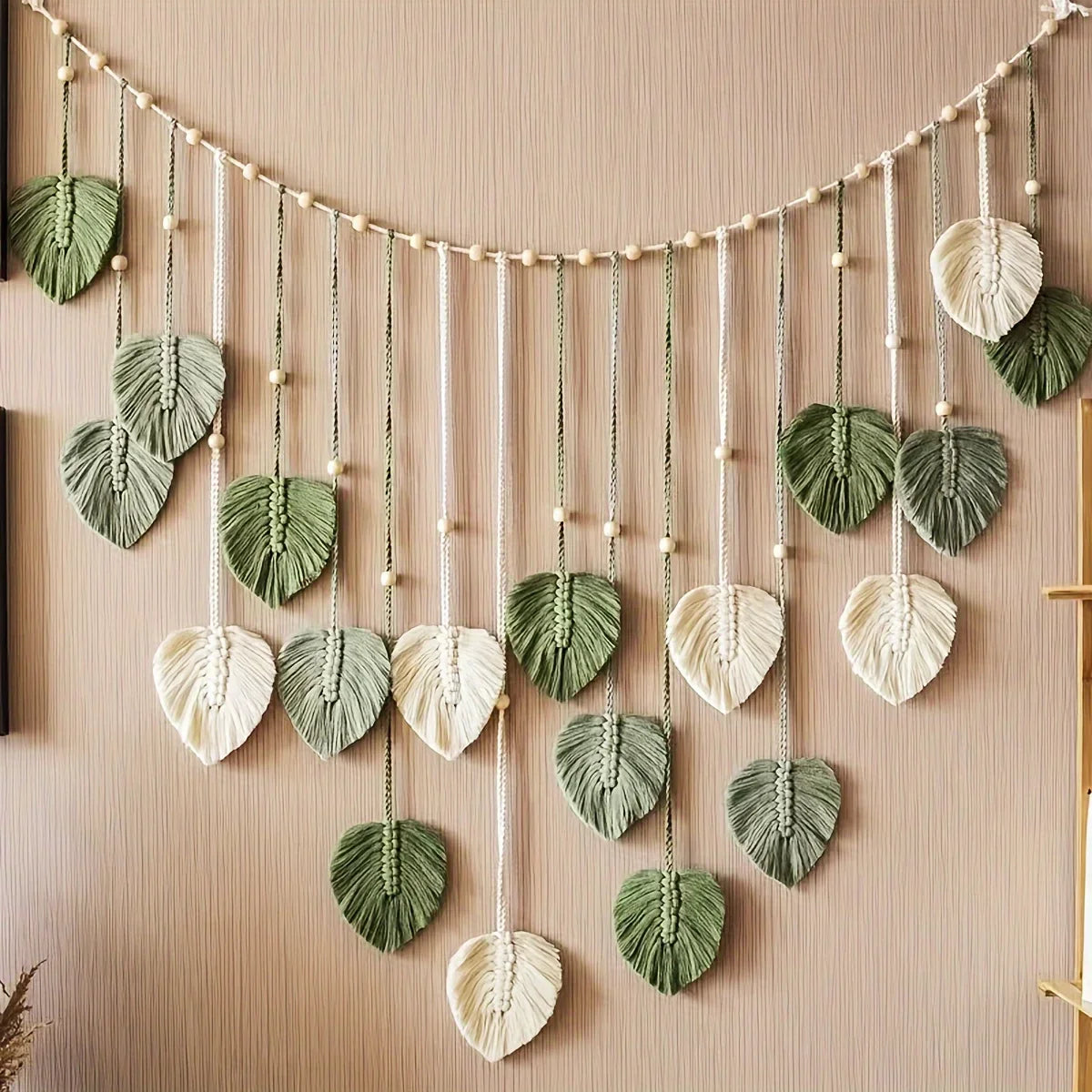 Bohemian Woven Wall Hanging – Green Leaves & Feather Tapestry for Modern Interiors