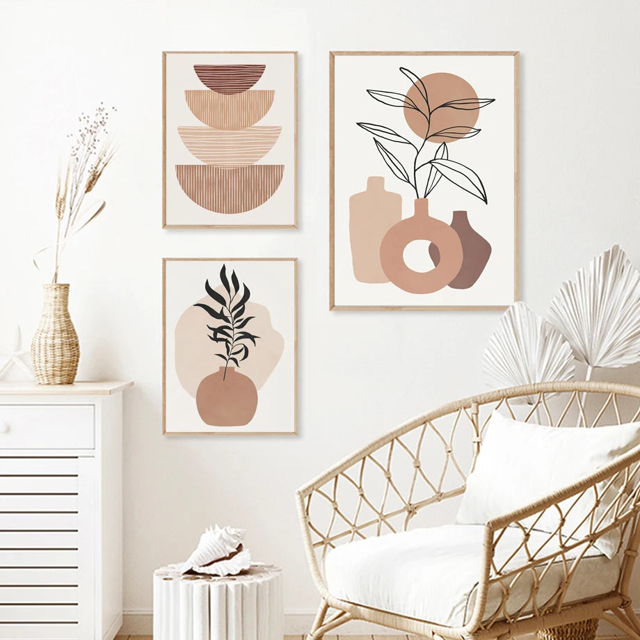 Boho Essence – Abstract Lines & Leaves Canvas Art