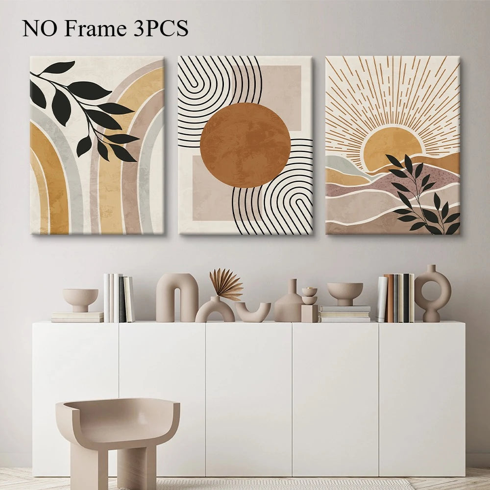 Solar Geometry – Framed Orange Sun & Plant Abstract Canvas Set