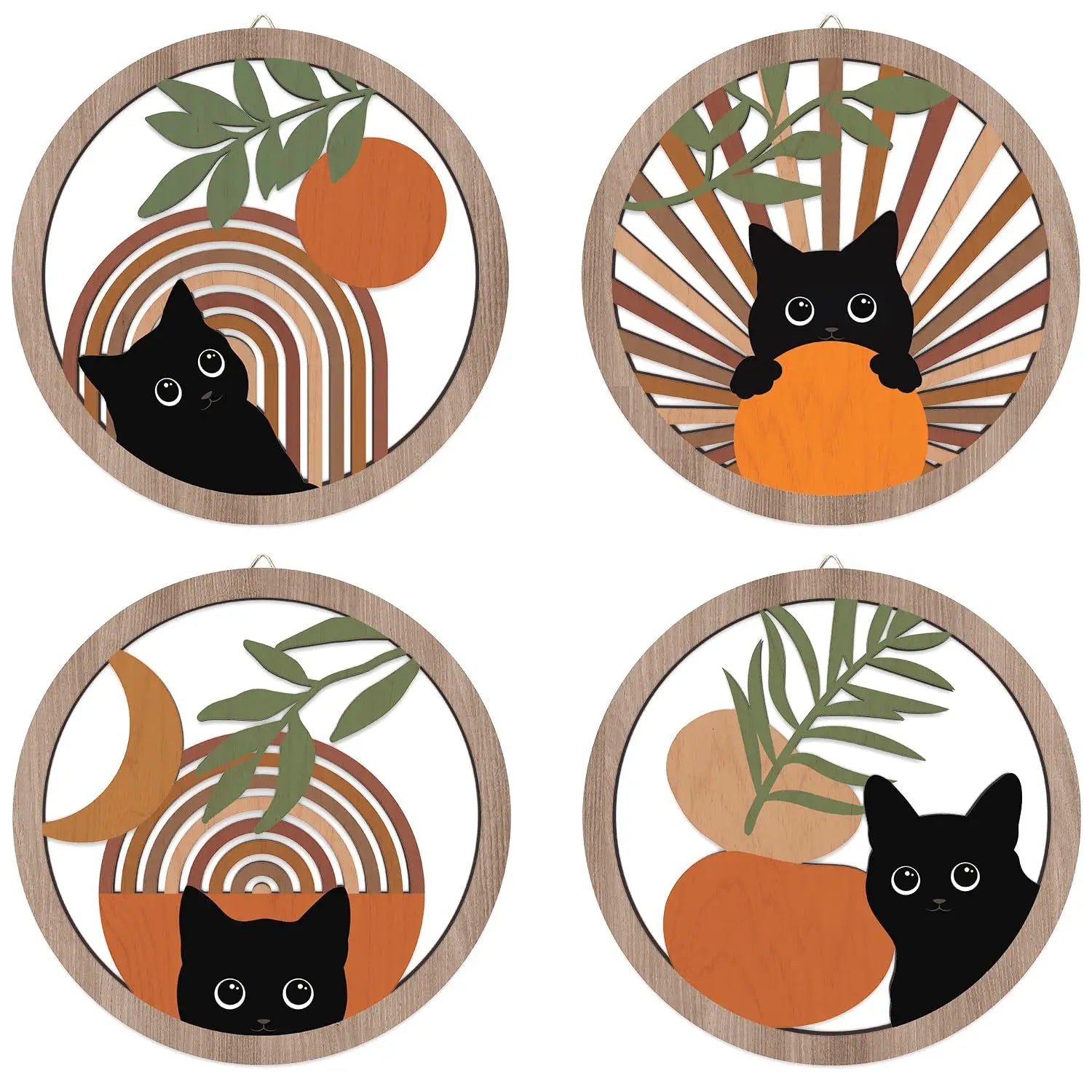 Noir Whiskers – Boho Black Cat Wooden Wall Art Set (4pcs)