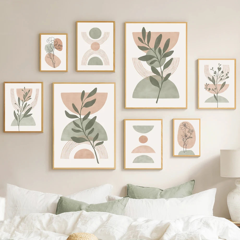 Boho Harmony – Green Leaf & Rainbow Geometry Canvas Wall Art”