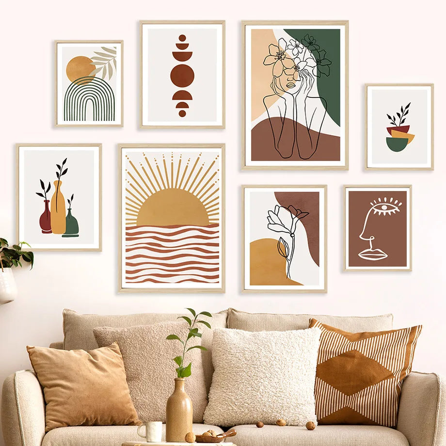 Celestial Bloom – Boho Sun, Moon & Rainbow Abstract Canvas Art