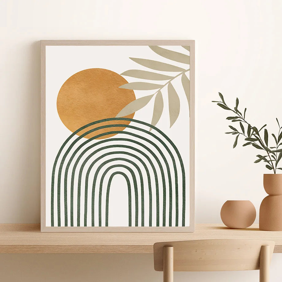 Celestial Bloom – Boho Sun, Moon & Rainbow Abstract Canvas Art