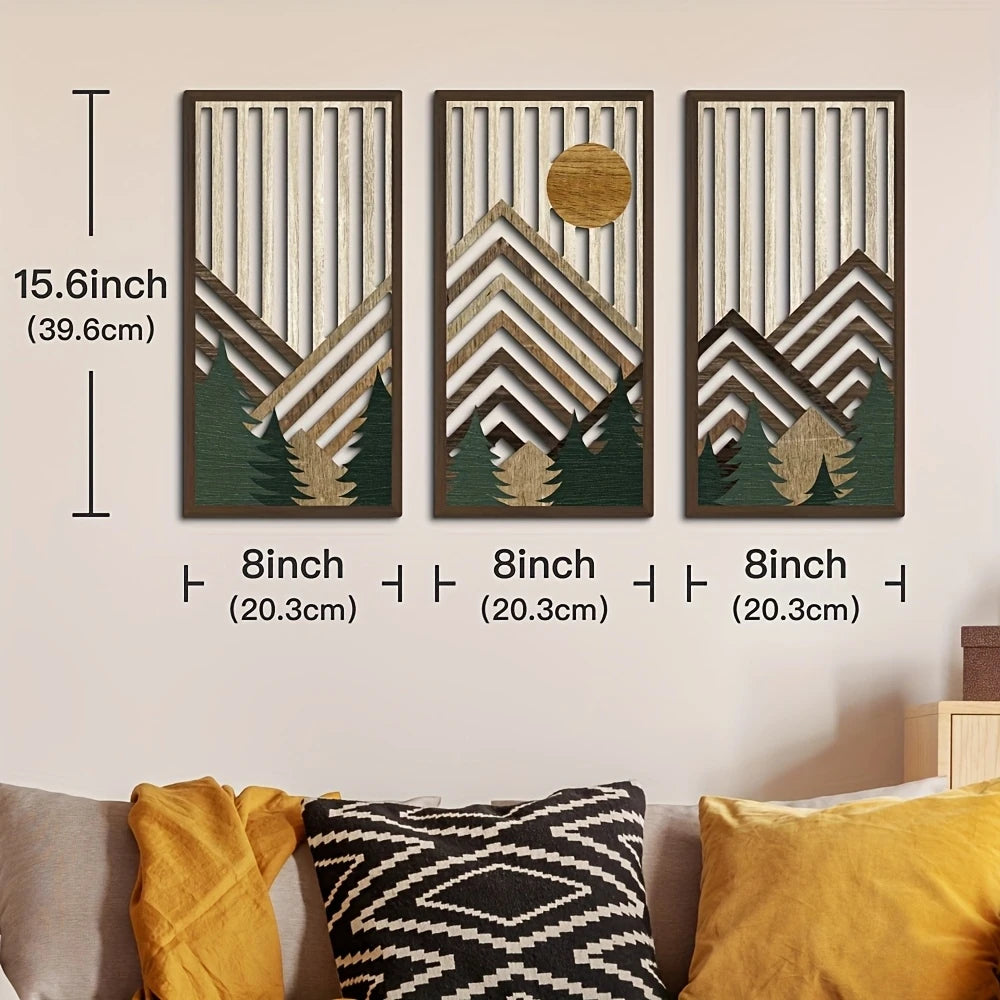 Sunlit Pines – 3-Piece Retro Flat Wooden Wall Art Set