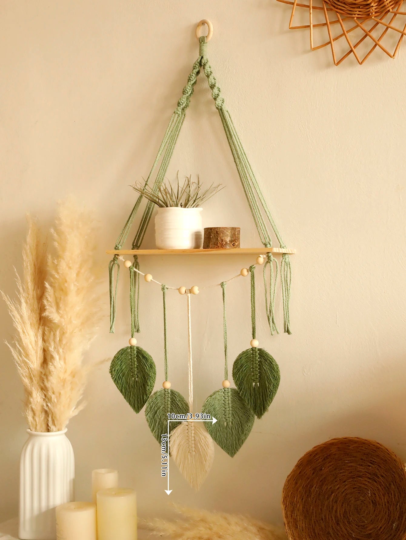 Boho Leaf Macrame Floating Shelf – Handwoven Cotton & Pine Wood Wall Display