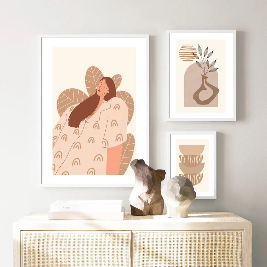 Boho Radiance – Sun, Girl & Geometry Nordic Canvas Art
