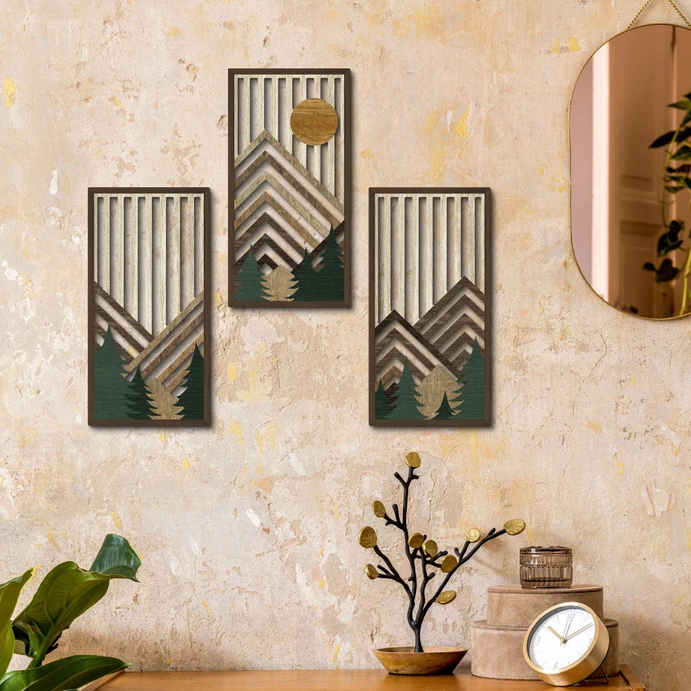 Sunlit Pines – 3-Piece Retro Flat Wooden Wall Art Set